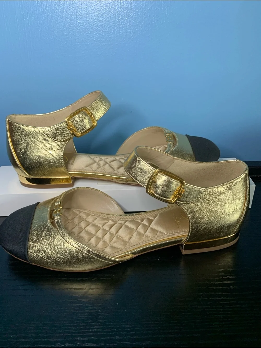 Sam Edelman Gold and Black Cap Toe Ankle-Strap Flats